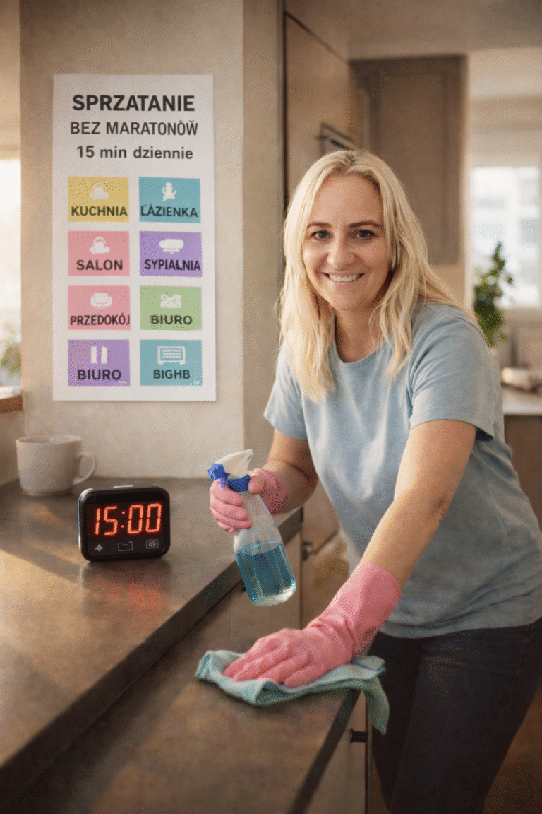 Kobieta sprząta dom, korzystając z karteczek z rozpisanym podziałem sprzątania na strefy.