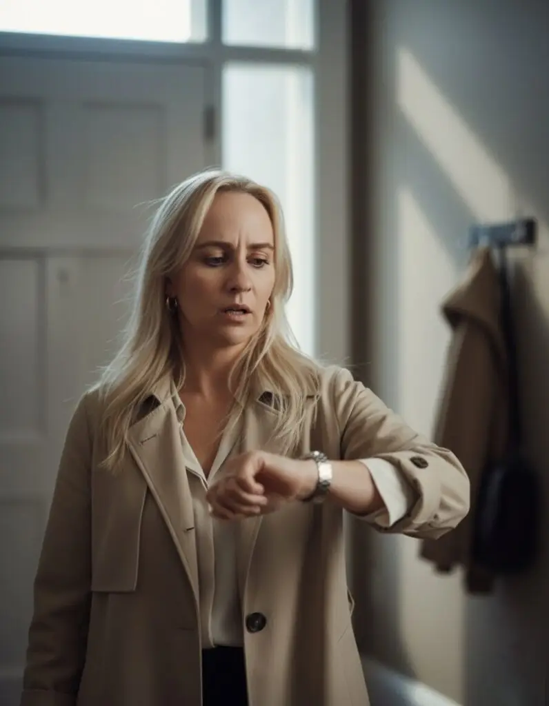 w płaszczu z zegarkiem na ręce